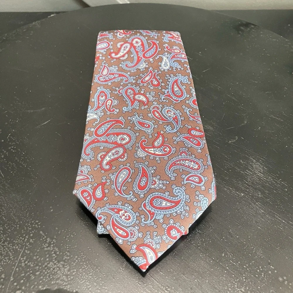 Christian Dior All Silk Paisley Necktie Brown Red Blue Made in Italy Luxury Tie